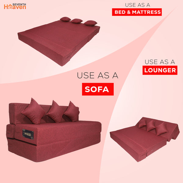 Seventh Heaven 3 Seater 6×5  Premium Jute Fabric Washable Cover Sofa cum Bed 3 Seater Double Foam Fold Out Sofa  Bed With 3 Same Cushions (Finish Color - Maroon Delivery Condition - Pre-assembled)