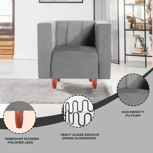 Sydney 1 Seater Sofa- ( Plush Suede Fabric- Grey )