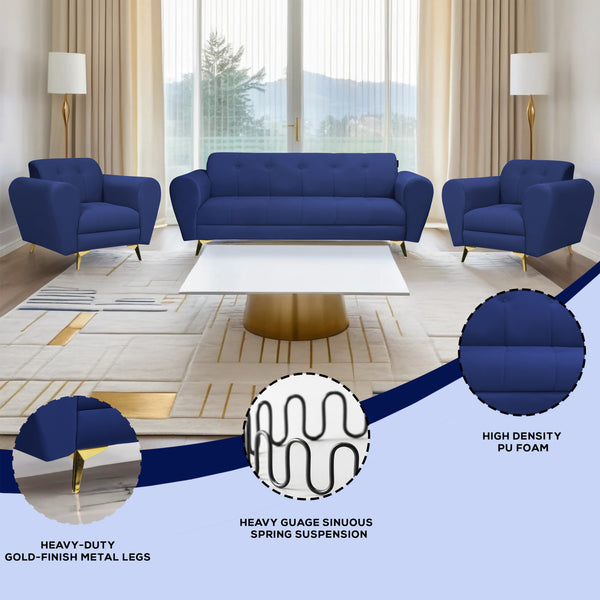 Milan Icon (3+1+1) Seater Sofa- ( Plush Suede Fabric- Blue )