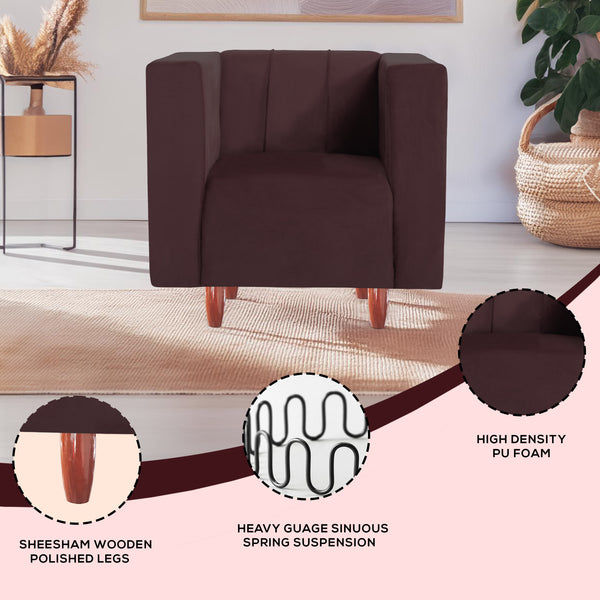Sydney 1 Seater Sofa- ( Plush Suede Fabric- Brown )