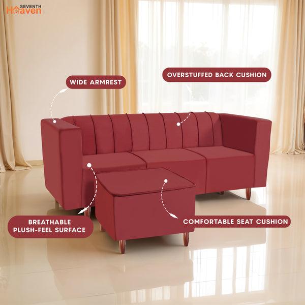 Sydney 4 Seater Sofa with Ottoman- ( Plush Suede Fabric- Maroon )