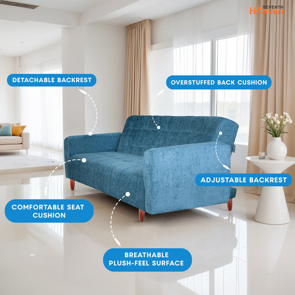 Lisbon  4 Seater Wooden Sofa Cum Bed - ( Premium Molfino Fabric-Sky Blue)