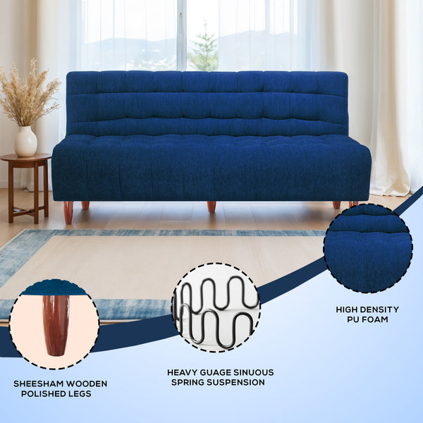 Florida Neo 3 Seater Wooden Sofa Cum Bed - ( Premium Molfino Fabric- Blue )