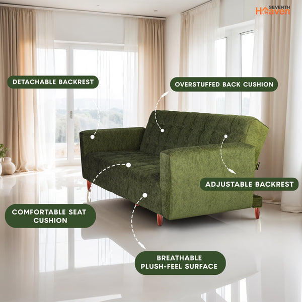 Lisbon 3 Seater Wooden Sofa Cum Bed - ( Premium Molfino Fabric- Green )