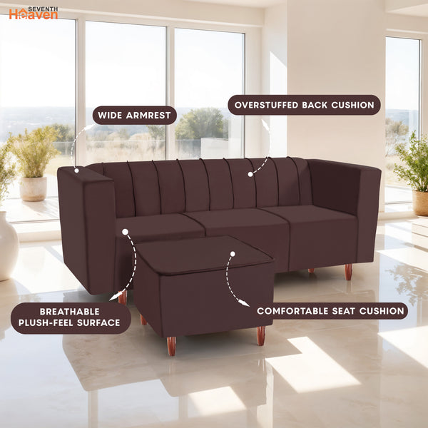 Sydney 4 Seater Sofa with Ottoman- ( Plush Suede Fabric- Brown )