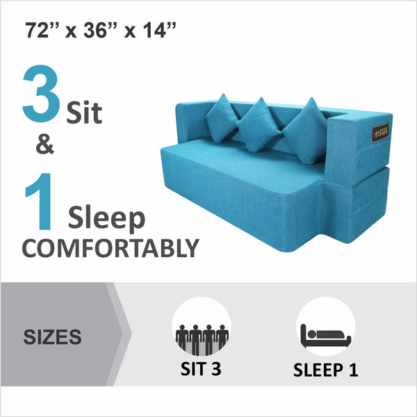 Flipper X Sofa Cum Bed - 3 Seater, Plain Cushion ( Jute Fabric, Sky Blue )