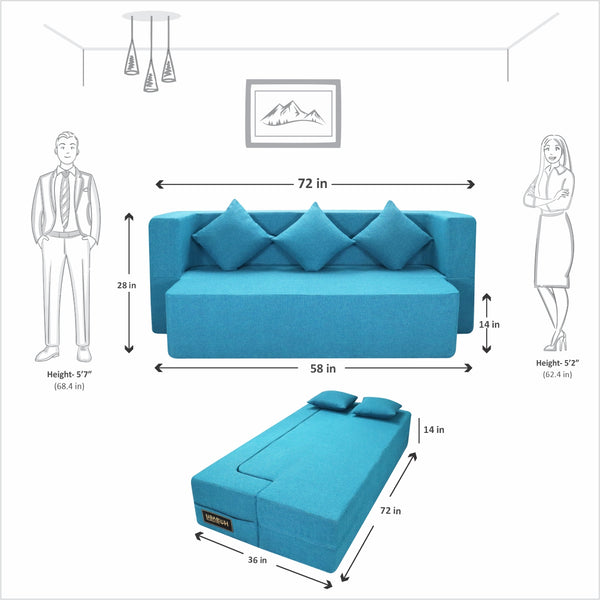 Flipper X Sofa Cum Bed - 3 Seater, Plain Cushion ( Jute Fabric, Sky Blue )