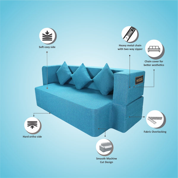 Flipper X Sofa Cum Bed - 3 Seater, Plain Cushion ( Jute Fabric, Sky Blue )