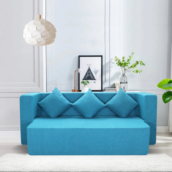 Flipper X Sofa Cum Bed - 3 Seater, Plain Cushion ( Jute Fabric, Sky Blue )