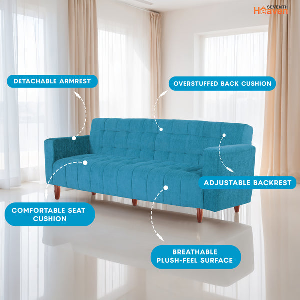 Lisbon Neo 3 Seater Wooden Sofa Cum Bed - ( Premium Molfino Fabric- Sky Blue )