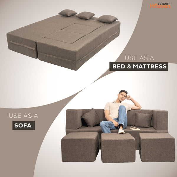 Flipper X Sofa Cum Bed - 3 Seater With 3 Ottoman - Plain Cushion (Jute Fabric, Brown )