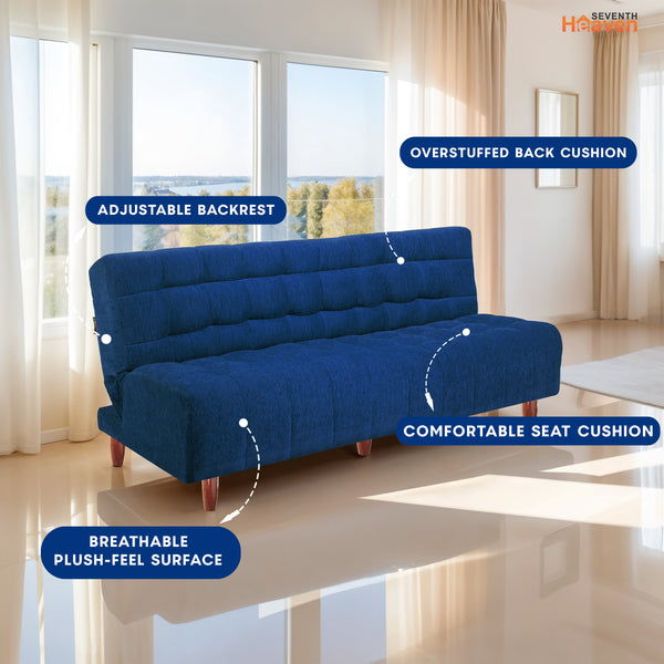 Florida Neo 3 Seater Wooden Sofa Cum Bed - ( Premium Molfino Fabric- Blue )
