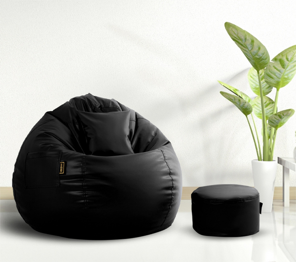 Seventh Heaven 4XL Bean Bag Cover with Footrest & Cushion ( Premium Leatherite - Black )