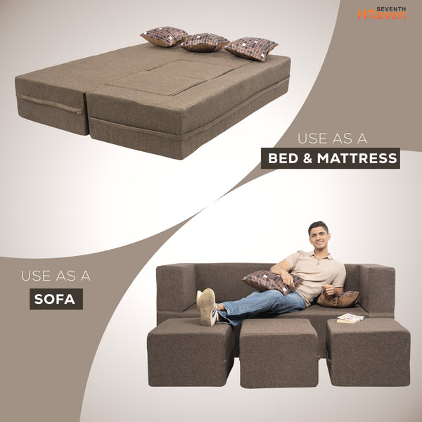 Flipper X Sofa Cum Bed - 3 Seater With 3 Ottoman - Printed Cushions ( Jute Fabric, Brown )
