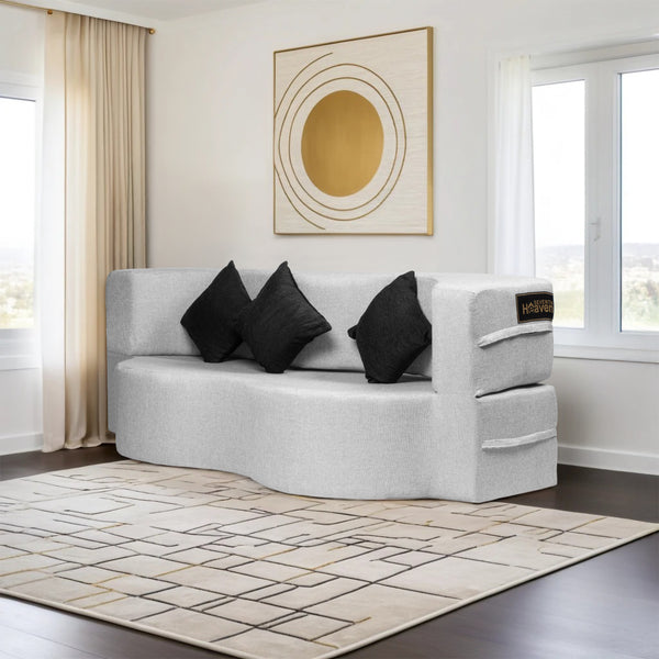 Curved Flipper X Sofa Cum Bed - 3 Seater, Printed Cushion ( Jute Fabric,Light Grey )