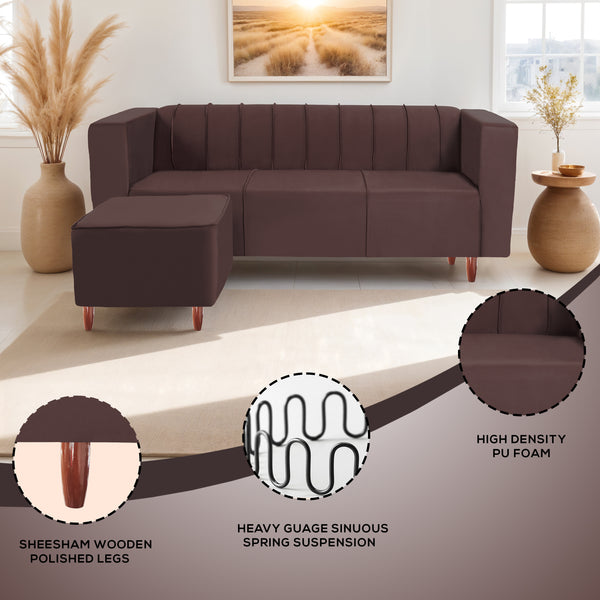 Sydney 4 Seater Sofa with Ottoman- ( Plush Suede Fabric- Brown )