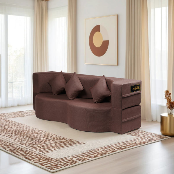 Curved Flipper X Sofa Cum Bed - 3 Seater, Plain Cushion ( Jute Fabric, Brown)