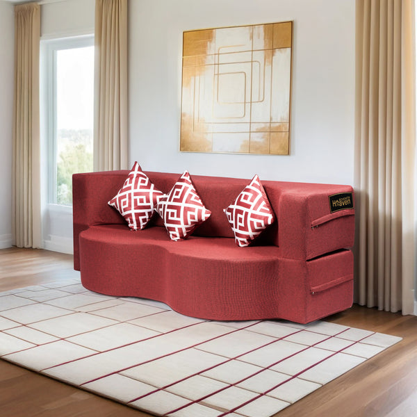 Curved Flipper X Sofa Cum Bed - 3 Seater, Printed Cushion ( Jute Fabric,Maroon )