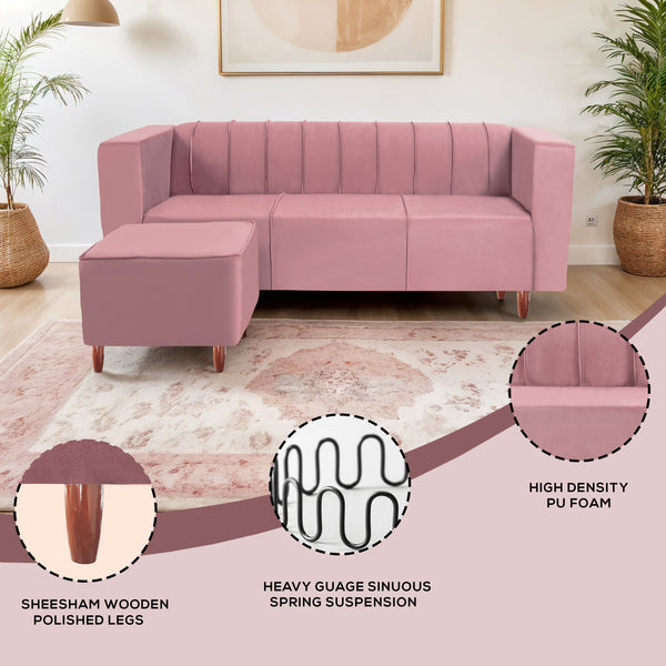 Sydney 4 Seater Sofa with Ottoman- ( Plush Suede Fabric- Peach )