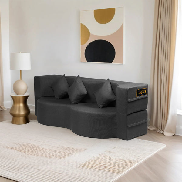 Curved Flipper X Sofa Cum Bed - 3 Seater, Plain Cushion ( Jute Fabric, Dark Grey )