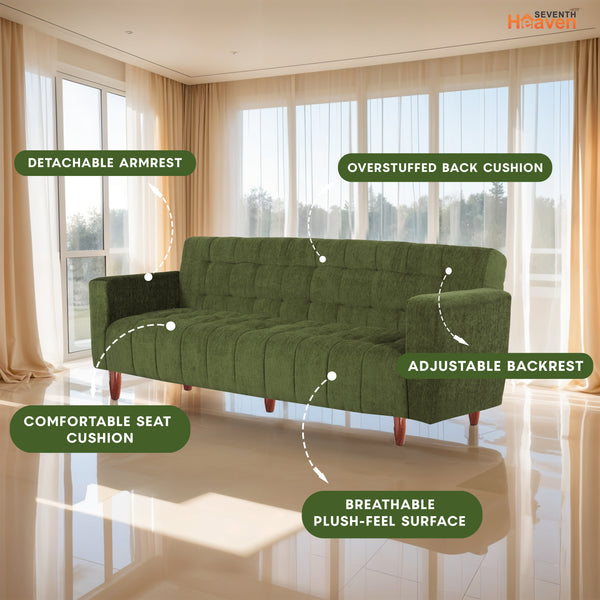 Lisbon Neo 3 Seater Wooden Sofa Cum Bed - ( Premium Molfino Fabric- Green )