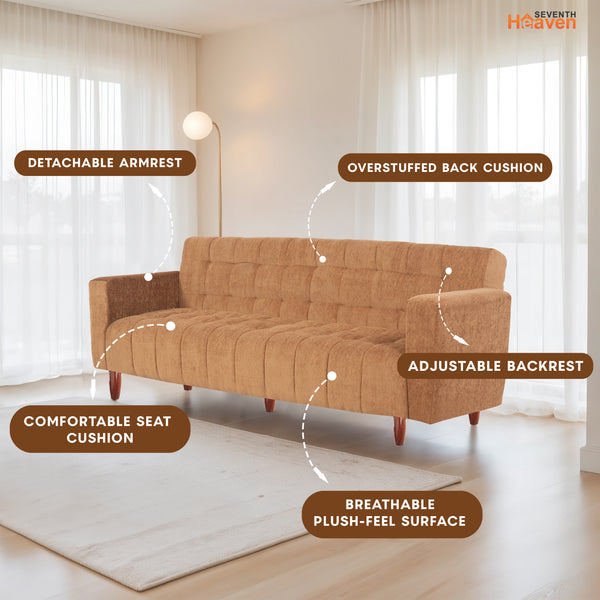Lisbon Neo 4 Seater Wooden Sofa Cum Bed - ( Premium Molfino Fabric- Beige )