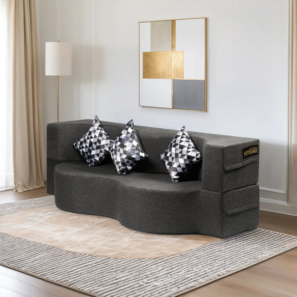Curved Flipper X Sofa Cum Bed - 3 Seater, Printed Cushion ( Jute Fabric, Dark Grey)
