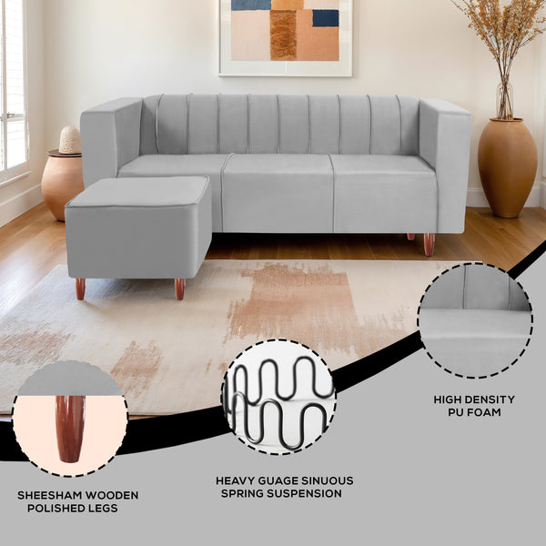 Sydney 4 Seater Sofa with Ottoman- ( Plush Suede Fabric- Grey )