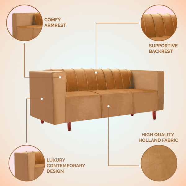 Sydney 3 Seater Sofa- ( Plush Suede Fabric- Beige )
