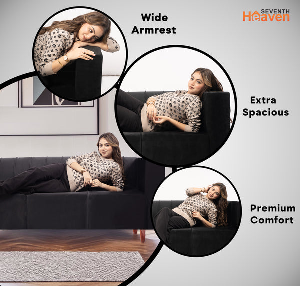 Sydney 3 Seater Sofa- ( Plush Suede Fabric- Black )