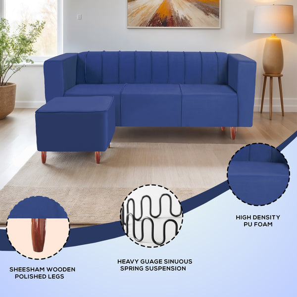 Sydney 4 Seater Sofa with Ottoman- ( Plush Suede Fabric- Blue )