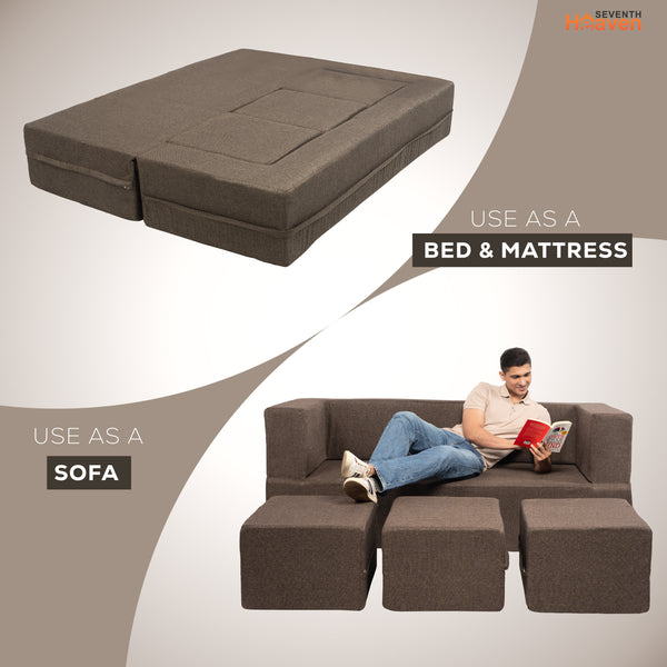 Flipper X Sofa Cum Bed - 3 Seater With 3 Ottoman - ( Jute Fabric, Brown )