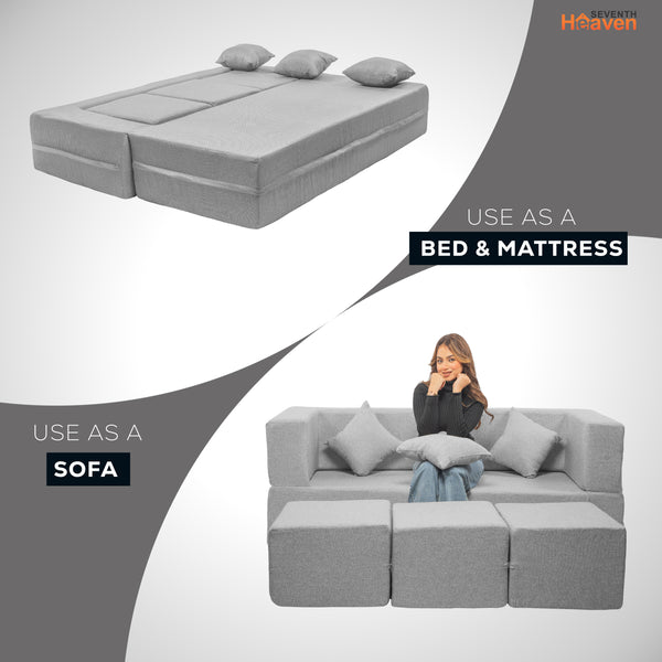 Flipper X Sofa Cum Bed - 3 Seater With 3 Ottoman - Plain Cushion (Jute Fabric, Light Grey )