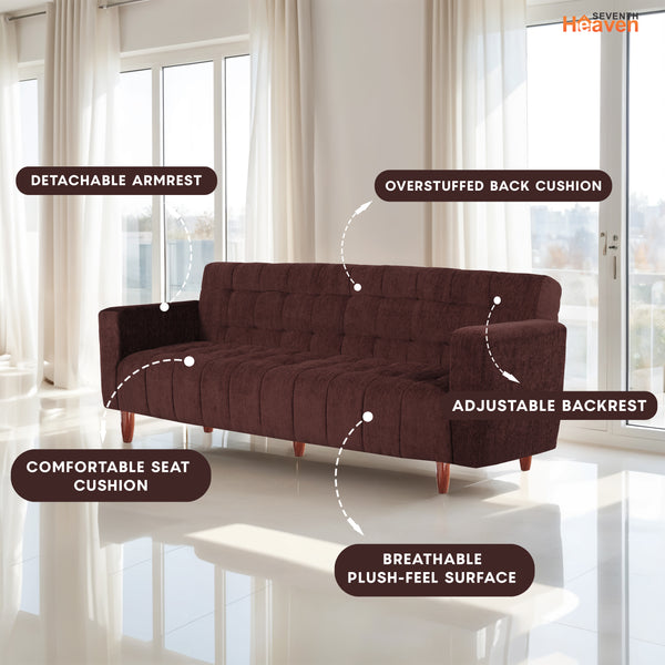 Lisbon Neo 3 Seater Wooden Sofa Cum Bed - ( Premium Molfino Fabric- Brown )