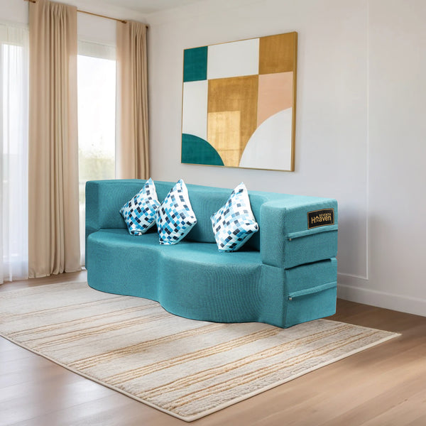Curved Flipper X Sofa Cum Bed - 3 Seater, Printed Cushion ( Jute Fabric,Sky Blue )