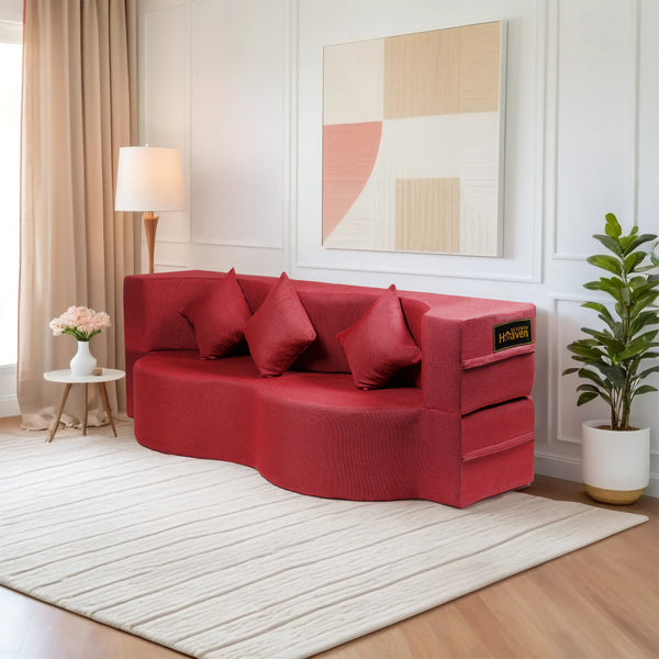 Curved Flipper X Sofa Cum Bed - 3 Seater, Plain Cushion ( Jute Fabric, Maroon )