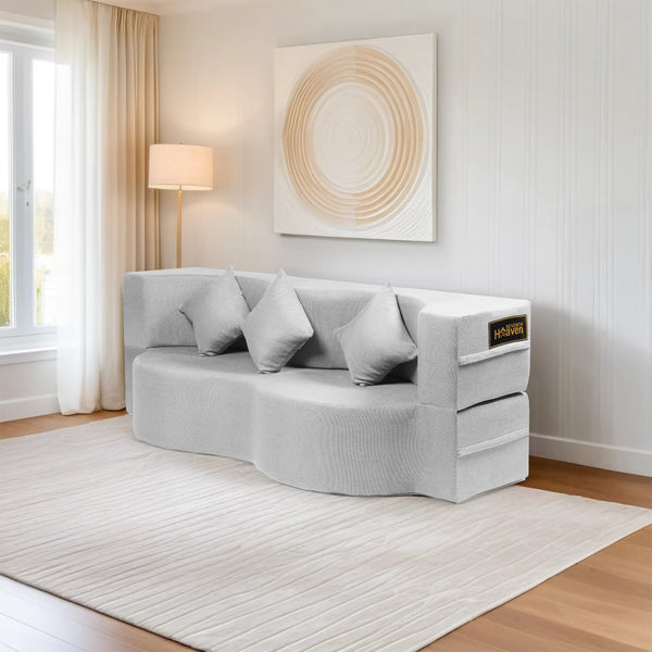 Curved Flipper X Sofa Cum Bed - 3 Seater, Plain Cushion ( Jute Fabric, Light Grey)