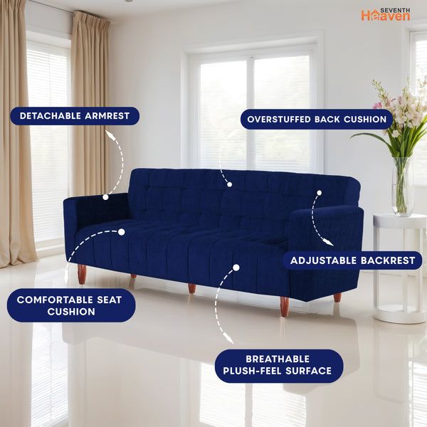 Lisbon Neo 4 Seater Wooden Sofa Cum Bed - ( Premium Molfino Fabric- Blue )