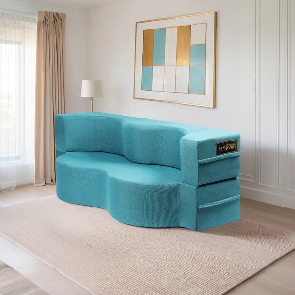 Curved Flipper X Sofa Cum Bed - 3 Seater, ( Jute Fabric,Sky Blue )