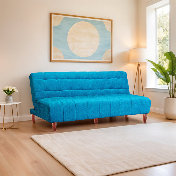 Florida 4 Seater Wooden Sofa Cum Bed - ( Premium Molfino Fabric- Sky Blue)