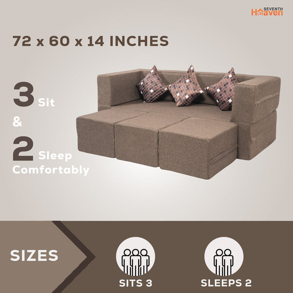 Flipper X Sofa Cum Bed - 3 Seater With 3 Ottoman - Printed Cushions ( Jute Fabric, Brown )
