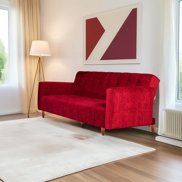 Lisbon  4 Seater Wooden Sofa Cum Bed - ( Premium Molfino Fabric - Maroon)