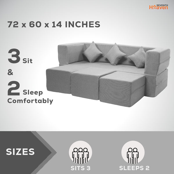 Flipper X Sofa Cum Bed - 3 Seater With 3 Ottoman - Plain Cushion (Jute Fabric, Light Grey )