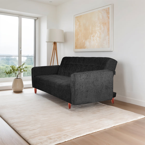 Lisbon 3 Seater Wooden Sofa Cum Bed - ( Premium Molfino Fabric- Black )