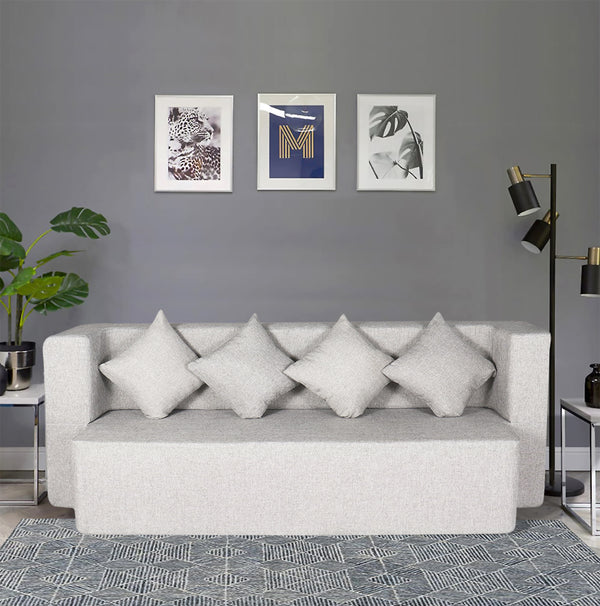 Flipper X Sofa Cum Bed - 4  Seater, Plain Cushion ( Jute Fabric, Light Grey)