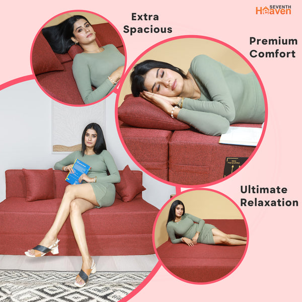 Rejoice Sofa Cum Bed - 3 Seater, Plain Cushion (Jute Fabric- Maroon)