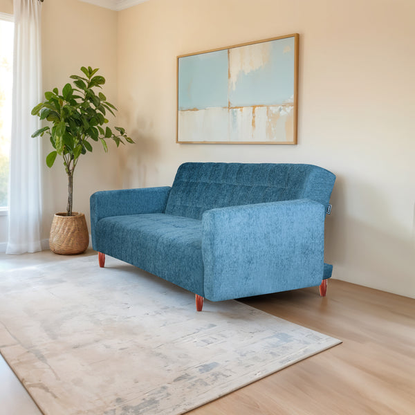 Lisbon  4 Seater Wooden Sofa Cum Bed - ( Premium Molfino Fabric-Sky Blue)