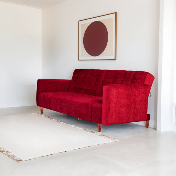 Lisbon 3 Seater Wooden Sofa Cum Bed - ( Premium Molfino Fabric- Maroon )