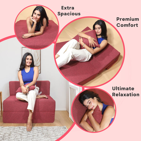 Seventh Heaven 1 Seater 6×3  Premium Jute Fabric Washable Cover Sofa cum Bed 1 Seater Double Foam Fold Out Sofa Cum Bed with 1 same Cushion  (Finish Color - Maroon Delivery Condition - Pre-assembled)