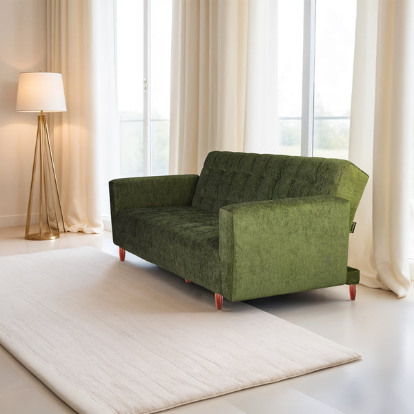 Lisbon 3 Seater Wooden Sofa Cum Bed - ( Premium Molfino Fabric- Green )